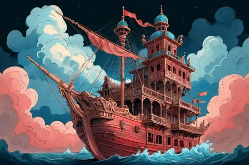 Prompt: wooden ship in rococo with balconies, minarets on the background, above thunder clouds, comics, flat colors, illustration, gouache, watercolor, pale palette, vibrant, grim, smoke, red and blue glow, ink, inricate details, hyperdetailed, 2d, 8k