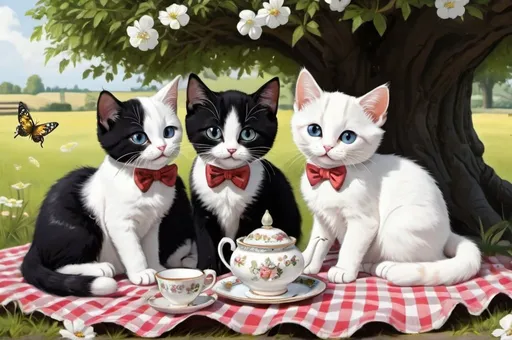 Prompt: 2 black and a white cat white kittens having a picnic or tea party under the tree, dressed gentry, 1800, France, field, fence, flowers, bee, vibrant, grim, romantic, hystorical, intricate details, hyperdetailed, 4k, painting, trending on artstation