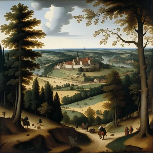 Prompt: Pieter Bruegel the Elder, oil painting, landscape from afar, no outline, Greeсe, trees, grim, distorted, dim brazen shadows, UHD, Award Winning, Trending on Artstation