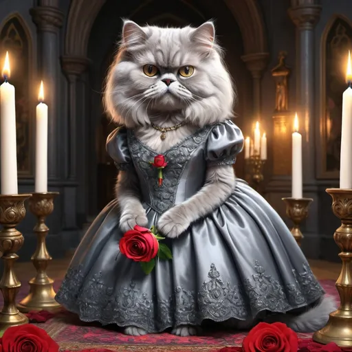 Prompt: grey persian cat in a dress with a rose, royal, luxurious, gothic, night, glow, candles, church, mansion, vibrant, historic, intricate details, hyperdetailed, 4k, painting, trending on artstation