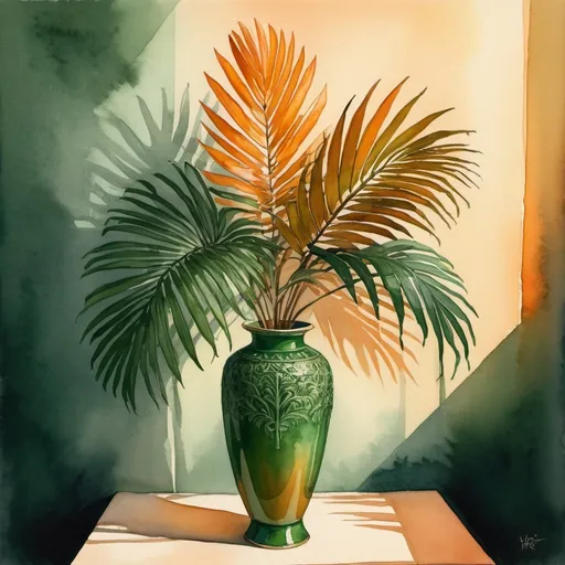 Prompt: gouache or watercolor painting of a bouquet of single palm leaf  in a tall jade vase on any surface, sunset, classical, dramaticshadows, vibrant, warm shadows, orange, yellow, glow, grim, intricate details, Award Winning, Trending on Artstation