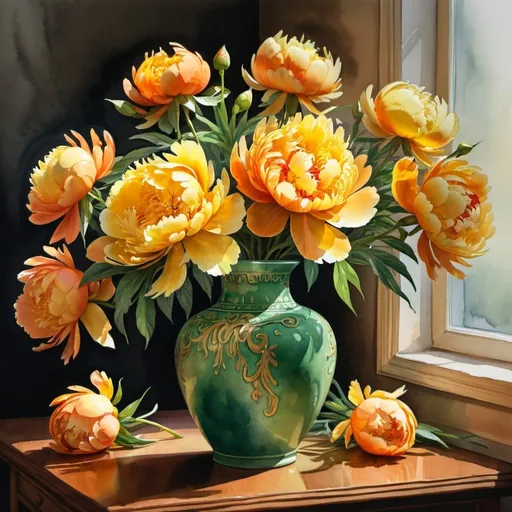 Prompt: gouache or watercolor painting of a bouquet of various yellow and orange  peonies  in a tall jade vase on a table, odd number, classical, dramaticshadows, vibrant, glow, grim, intricate details, Award Winning, Trending on Artstation