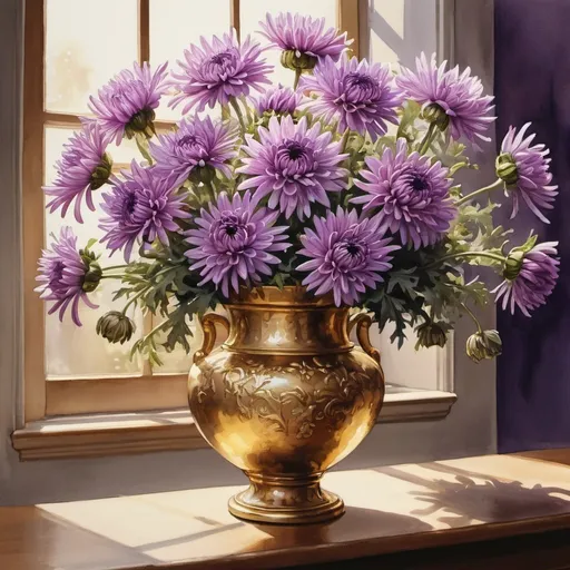 Prompt: gouache or watercolor painting of a bouquet of purple chrysanthemums in a brazen vase on a table, classical, golden shadows, vibrant, glow, hystorycal, intricate details, Award Winning, Trending on Artstation