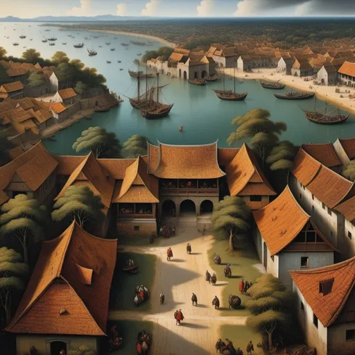 Prompt: Pieter Bruegel the Elder, oil painting, landscape from afar, top down panorama, no outline, sea port, gates, vietnam cambodia, trees, grim, distorted, dim brazen shadows, UHD, Award Winning, Trending on Artstation