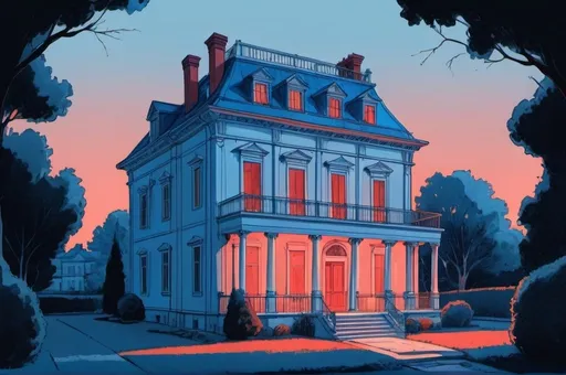 Prompt: neo classicism house, architecture, comics, flat colors, backyard, illustration, gouache, watercolor, pale palette, grim, red and blue glow, ink, inricate details, hyperdetailed, 2d, 8k,