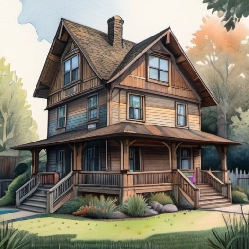 Prompt: two story timber house, backyard, illustration, colored pencils, gouache, watercolor, pale palette, grim, glow, ink satin, inricate details, hyperdetailed, 2d, 4k