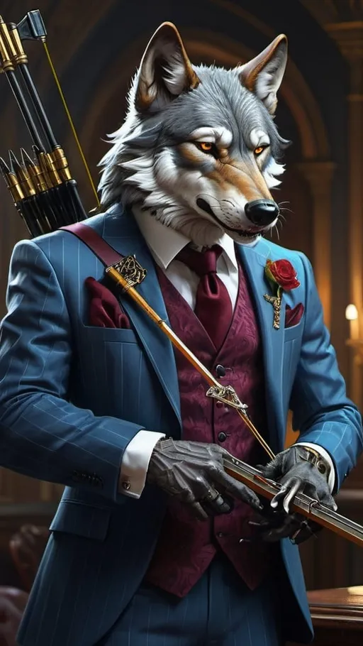 Prompt: wolf in a suit with a crossbow, luxurious, gothic, vampire slayer, vibrant, historic, intricate details, hyperdetailed, 4k, painting, trending on artstation