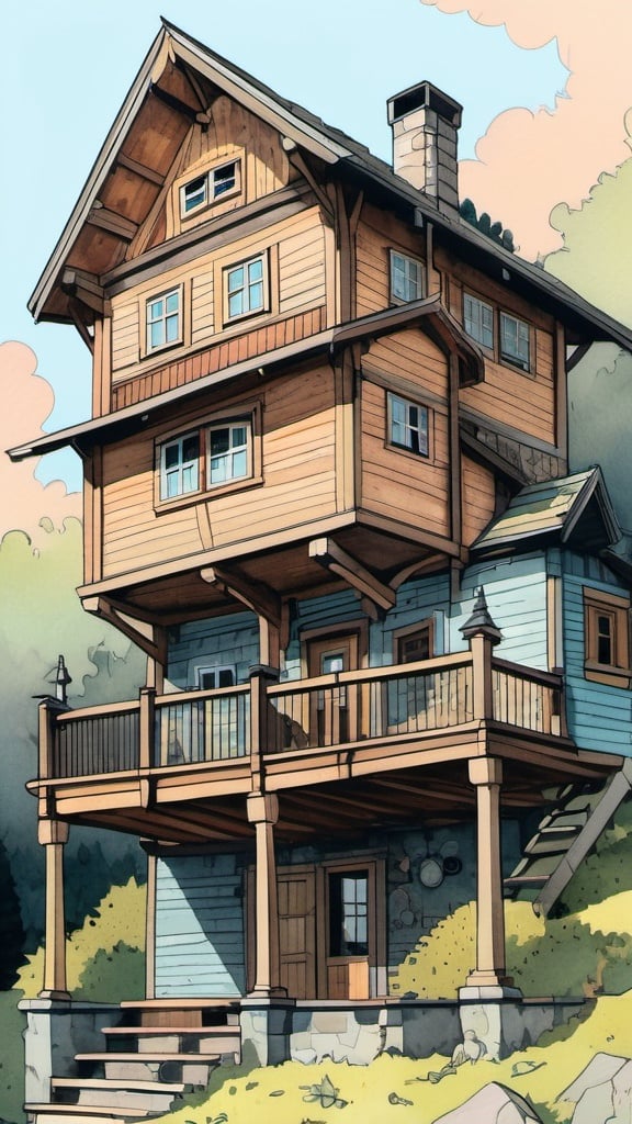 Prompt: looking up at a achalet timber house, architecture, comics, flat colors whimsical, scene, illustration,  gouache, watercolor, pale palette, grim glow, ink, inricate details, hyperdetailed, 2d, 4k