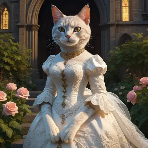 Prompt: a cat in wedding gentry dress, 1880, luxurious, gothic, day or night, glow, garden, church, vibrant, historic, intricate details, hyperdetailed, 4k, painting, trending on artstation