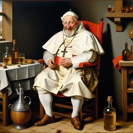 Prompt: Pieter Bruegel the Elder, oil painting, full body portrait of a gleeful drunken pope, no outline,  grim, intricate details, dim brazen shadows, UHD, Award Winning, Trending on Artstation