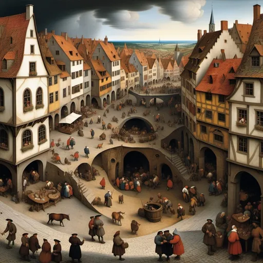 Prompt: Pieter Bruegel the Elder, oil painting, big city square, no outline, whimsical caves, people and animals roaming the streets, complete mess, grim, distorted, swirl, fisheye lens, dim brazen shadows, UHD, Award Winning, Trending on Artstation