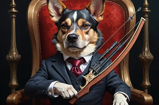 Prompt: dog in a suit with a crossbow, luxurious, gothic, vampire slayer, vibrant, historic, intricate details, hyperdetailed, 4k, painting, trending on artstation