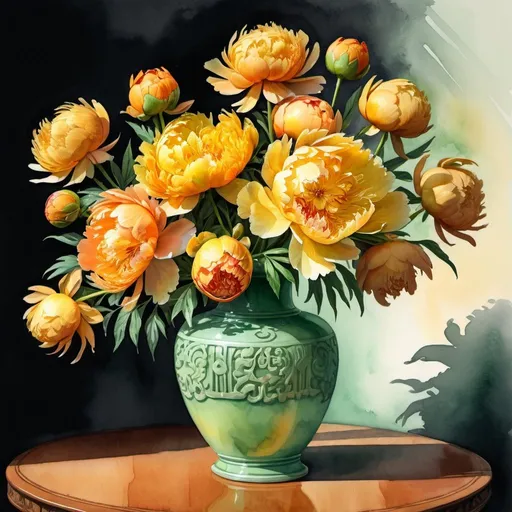 Prompt: gouache or watercolor painting of a bouquet of various yellow and orange  peonies  in a tall jade vase on a table, odd number, classical, dramaticshadows, vibrant, glow, grim, intricate details, Award Winning, Trending on Artstation
