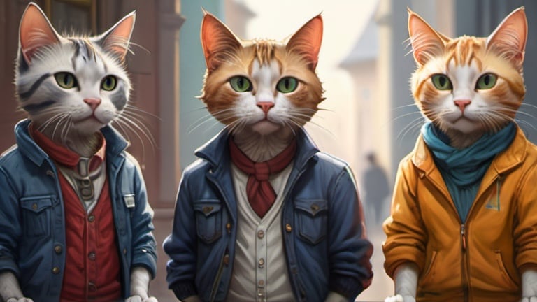 Prompt: cats in casual clothes attending university, vibrant, historic, intricate details, hyperdetailed, 4k, painting, trending on artstation