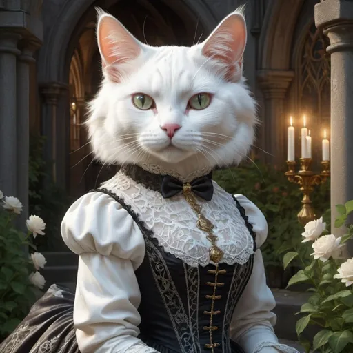 Prompt: a white cat in a gothic gentry dress, 1880, luxurious, gothic, day or night, glow, garden, church, vibrant, historic, intricate details, hyperdetailed, 4k, painting, trending on artstation