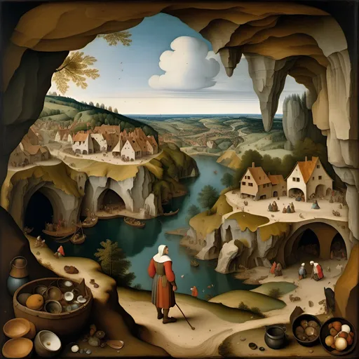 Prompt: Pieter Bruegel the Elder, oil painting, landscape from afar, no outline,whimsical caves, young not pretty maiden, complete mess grim, distorted,  fisheye lens, dim brazen shadows, UHD, Award Winning, Trending on Artstation