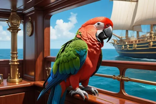 Prompt: a parrot on a ship, luxurious, vibrant, historic, intricate details, hyperdetailed, 4k, painting, trending on artstation, captain's quarters, tropical