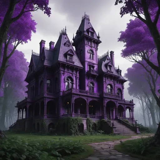 Prompt: forest, mansion, purple and black, gothic, vampire, vibrant, historic, intricate details, hyperdetailed, 4k, trending on artstation