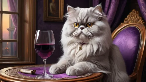 Prompt: grey persian cat with a glass of wine in a boudoir, luxurious, vibrant, historic, intricate details, hyperdetailed, 4k, painting, trending on artstation, purple, wooden ship, captain's quarters