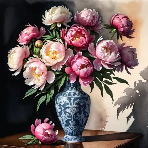 Prompt: gouache or watercolor painting of a bouquet of various  peonies  in a tall vase on a table, odd number, classical, dramaticshadows, vibrant, glow, grim, intricate details, Award Winning, Trending on Artstation