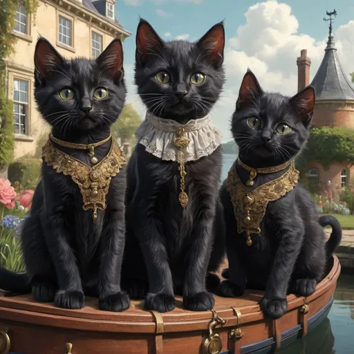 Prompt: black kittens and a cat dressed gentry, 1800, traveling England, lake, mansion, gardem,  vibrant, grim, romantic, hystorical, intricate details, hyperdetailed, 4k, painting, trending on artstation