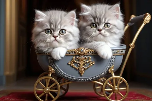 Prompt: 2 grey persian kittens in a stroller, royal, luxurious, vibrant, historic, intricate details, hyperdetailed, 4k, painting, trending on artstation