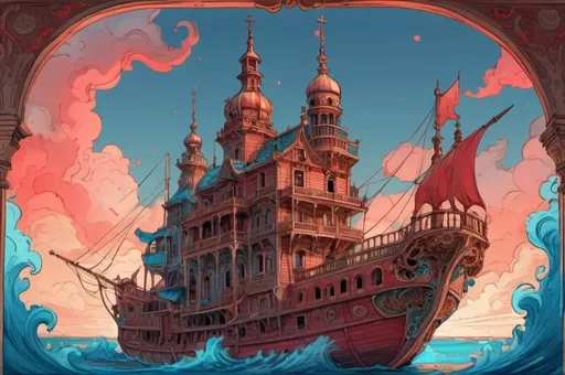 Prompt: wooden ship in rococo with balconies, minarets, sea coast, looking up, comics, flat colors, illustration, gouache, watercolor, pale palette, vibrant, smoke, red and blue glow, ink, inricate details, hyperdetailed, 2d, 8k