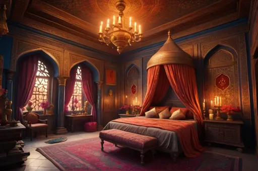 Prompt: secret society, traveling Persia or India, bedroom, mansion, candles, flowers, simbols, vibrant, grim, romantic, hystorical, intricate details, hyperdetailed, 4k, painting, trending on artstation, cinematic, wide shot