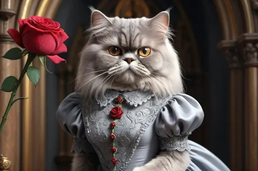 Prompt: grey persian cat in a dress with a rose, royal, luxurious, gothic, church, vibrant, historic, intricate details, hyperdetailed, 4k, painting, trending on artstation