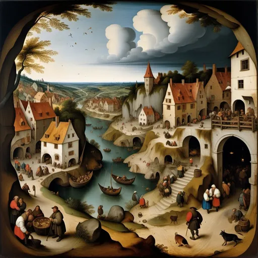 Prompt: Pieter Bruegel the Elder, oil painting, landscape afar, no outline, whimsical caves, people and animals roaming the streets, complete mess, grim, distorted, swirl, fisheye lens, dim brazen shadows, UHD, Award Winning, Trending on Artstation