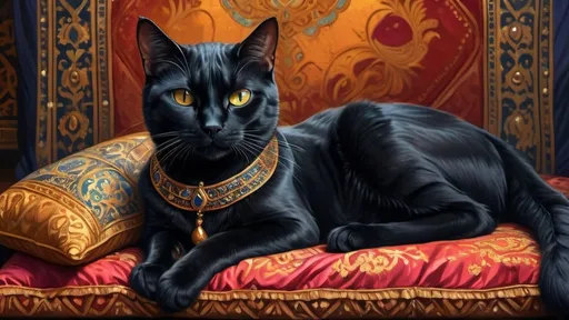 Prompt: black cat dressed as a arabian prince lying casually on pillows, royal, vibrant, historic, intricate details, hyperdetailed, 4k, painting, trending on artstation