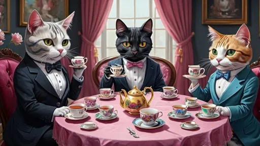 Prompt: cats in dresses and suits having a tea party, luxurious, vibrant, grim, intricate details, hyperdetailed, 4k, painting, trending on artstation