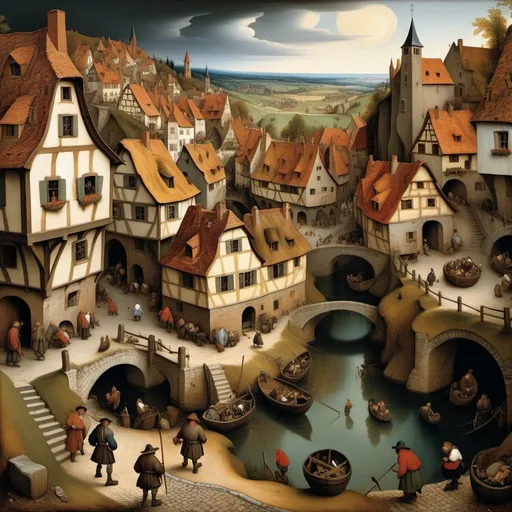 Prompt: Pieter Bruegel the Elder, oil painting, lsmall silent vilage, no outline, whimsical caves, people and animals roaming the streets, complete mess, grim, distorted, swirl, fisheye lens, dim brazen shadows, UHD, Award Winning, Trending on Artstation