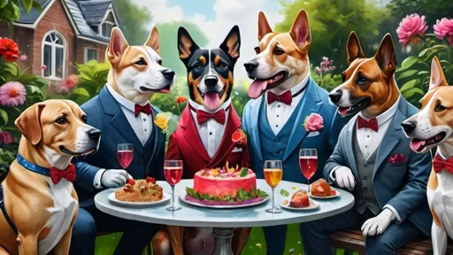 Prompt: dogs in a suits and dresses having a party in the garden, luxurious, vibrant, intricate details, hyperdetailed, 4k, painting, trending on artstation