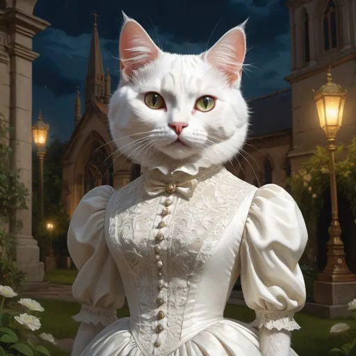 Prompt: a white cat in a gentry dress, 1880, luxurious, gothic, day or night, glow, garden, church, vibrant, historic, intricate details, hyperdetailed, 4k, painting, trending on artstation