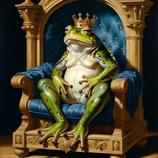 Prompt: Albrecht Durer, oil painting, illustration, frog prince sitting in his throne on a lili pad,  no outline,  vibrant, intricate details, dim brazen shadows, UHD, Award Winning, Trending on Artstation