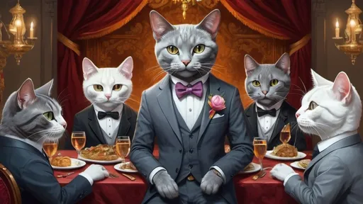 Prompt: grey parsian cat in a suit having a party with other cats, vibrant, historic, intricate details, romantic, grim, hyperdetailed, 4k, painting, trending on artstation