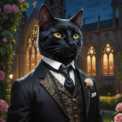Prompt: a black cat in a wedding suit, 1880, luxurious, gothic, day or night, glow, garden, church, vibrant, historic, intricate details, hyperdetailed, 4k, painting, trending on artstation