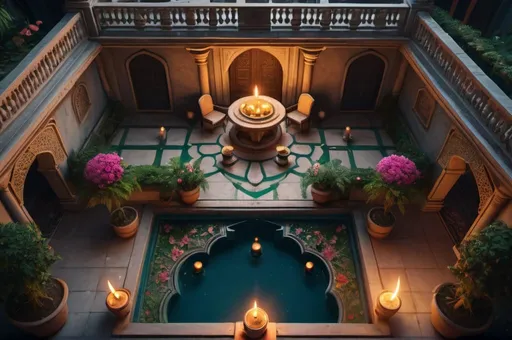 Prompt: secret society, traveling Persia or India, balcony, garden, pool, mansion, top down view, candles, simbols, flowers, vibrant, grim, romantic, hystorical, intricate details, hyperdetailed, 4k, painting, trending on artstation, cinematic, wide shot