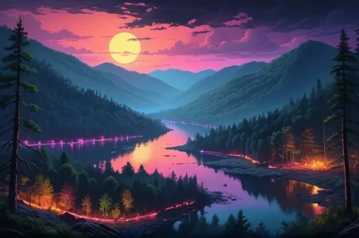 Prompt: smoky mountain,  gass pit, lake view, forest, deep South, vibrant, grim, romantic, night, neon glow, hystorical, intricate details, hyperdetailed, 4k, painting, trending on artstation
Model: OpenArt SDXL