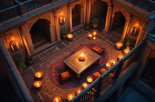 Prompt: secret society, traveling Persia or India, balcony, mansion, top down view, candles, simbols, vibrant, grim, romantic, hystorical, intricate details, hyperdetailed, 4k, painting, trending on artstation, cinematic, wide shot