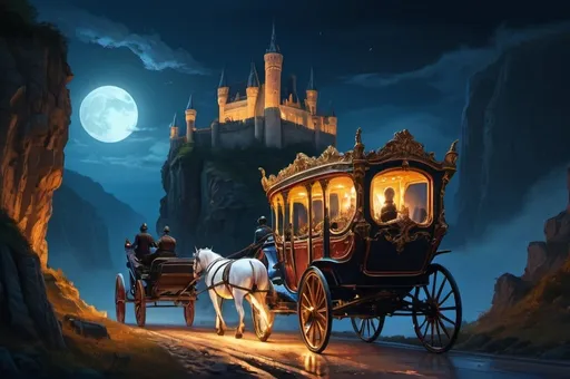 Prompt: escaping castle in a carriage with 2 horses, in a hurry, precipitous cliff, wavy road, night, glow, vibrant, grim, hystorical, intricate details, hyperdetailed, 4k, painting, trending on artstation