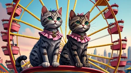 Prompt: cats in dresses riding a ferris wheel, amusement park, vibrant, grim, intricate details, hyperdetailed, 4k, painting, trending on artstation