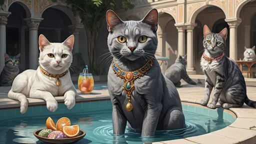 Prompt: grey parsian cat in swimsuit having a pool party with other cats, vibrant, historic, intricate details, romantic, grim, hyperdetailed, 4k, painting, trending on artstation