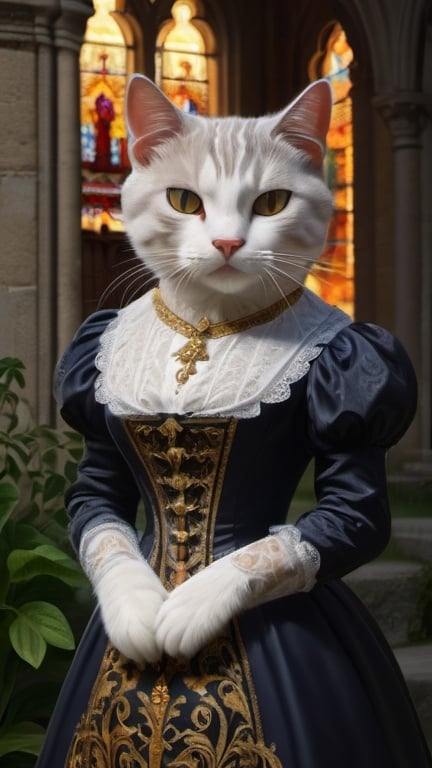 Prompt: a cat in veding gentry dress, 1880, luxurious, gothic, day or night, glow, garden, church, vibrant, historic, intricate details, hyperdetailed, 4k, painting, trending on artstation