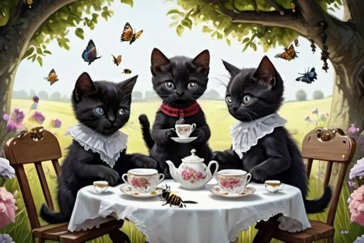 Prompt: 2 black kitten, 1 black kitten, 1 white kitten having a tea party under the tree, dressed gentry, 1800, France, field, fence, flowers, bee, vibrant, grim, romantic, hystorical, intricate details, hyperdetailed, 4k, painting, trending on artstation