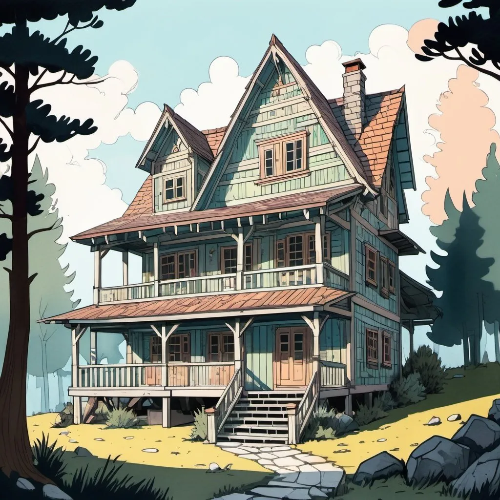 Prompt: a achalet timber house, architecture, comics, flat colors whimsical, scene, illustration,  gouache, watercolor, pale palette, grim glow, ink, inricate details, hyperdetailed, 2d, 4k