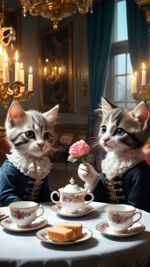 Prompt: 3 kittens in a ballroom having a tea party, dressed gentry, 1800, France, flowers, candles, vibrant, grim, dim glow,romantic, hystorical, intricate details, hyperdetailed, 4k, painting, trending on artstation