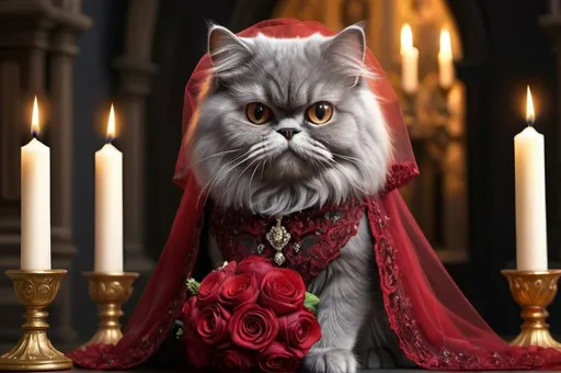 Prompt: grey persian cat in a dark red wedding dress with a bouquet with a veil, and a black straight hair cat in toxedo, wedding, royal, luxurious, gothic, night, glow, candles, church, mansion, vibrant, historic, intricate details, hyperdetailed, 4k, painting, trending on artstation