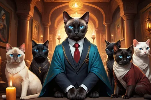 Prompt: siamese cat in suit surrounded by other cats in cloaks,  secret society, traveling Persia or India, basement, mansion, candles, simbols,  vibrant, grim, romantic, hystorical, intricate details, hyperdetailed, 4k, painting, trending on artstation, cinematic, wide shot